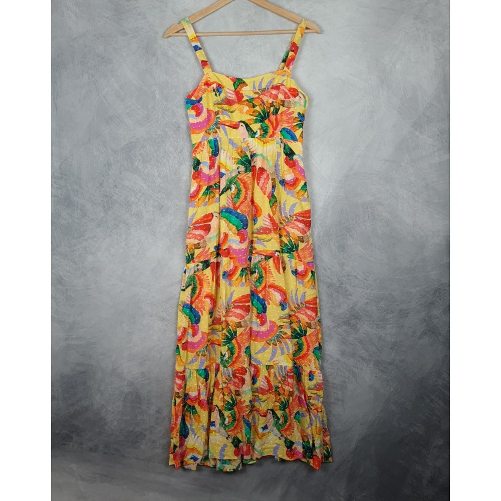 Farm Rio Anthropologie Dress Womens XS Tropical Parrot Maxi Tiered Sundress